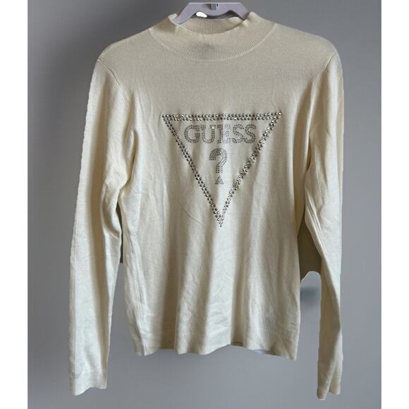 Guess Logo Turtleneck Large Rhinestones Studs Womens Preppy Y2K Viscose Sweater - Picture 1 of 12